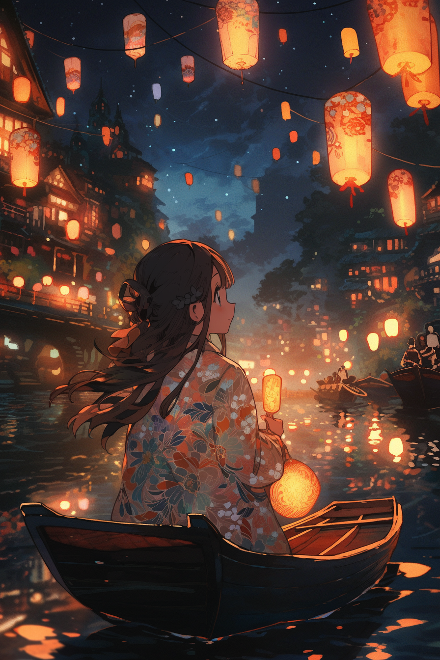 Back view of girl on a boat floating through a river at night