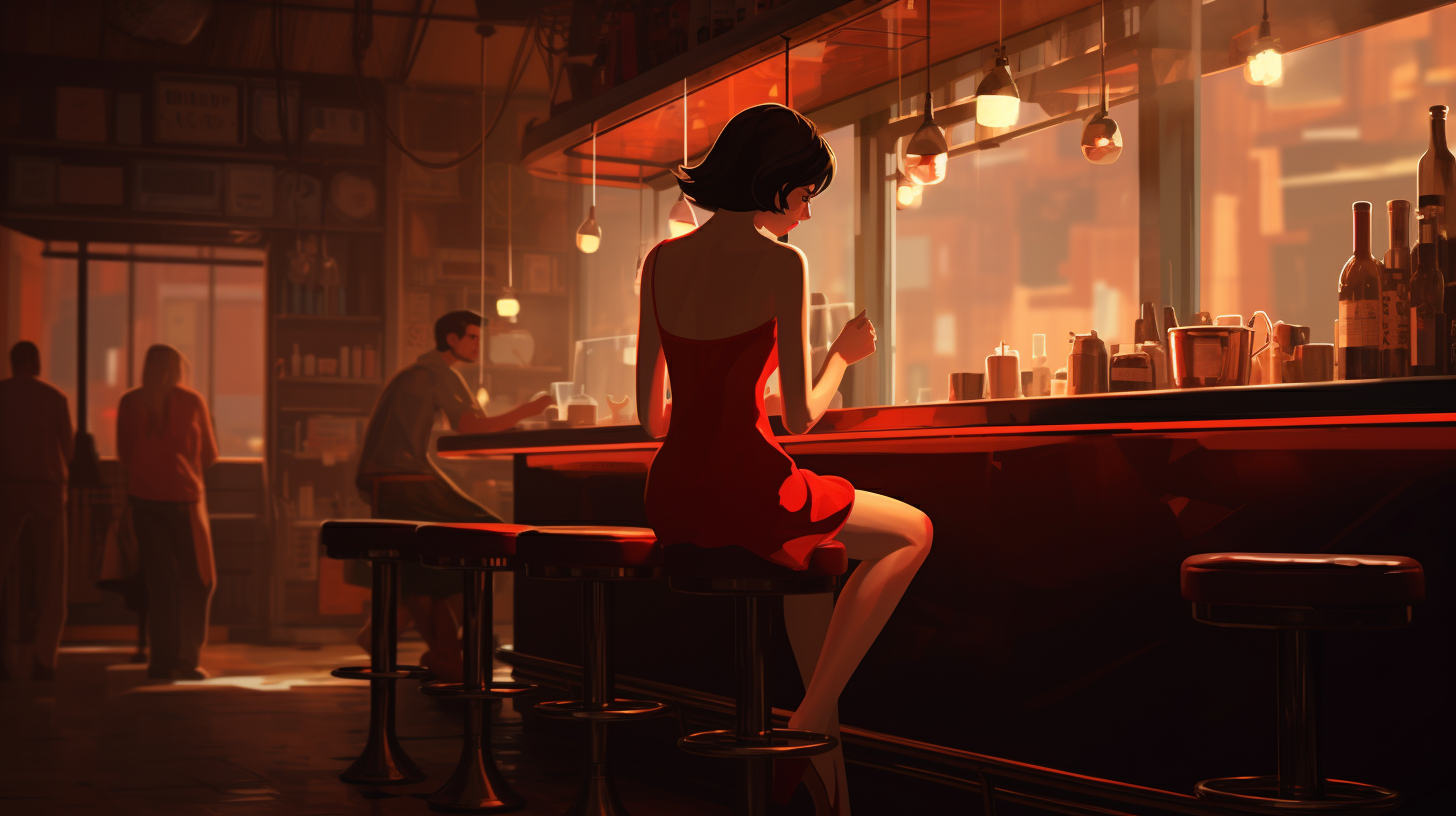 Stylish girl with bob hairstyle in red dress at bar