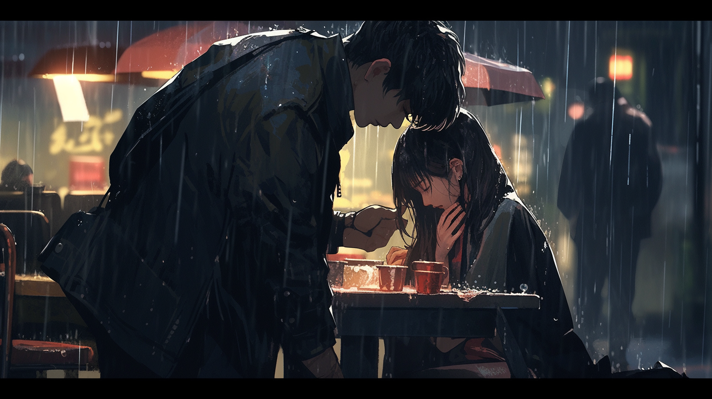 Girl and boy collision in rain