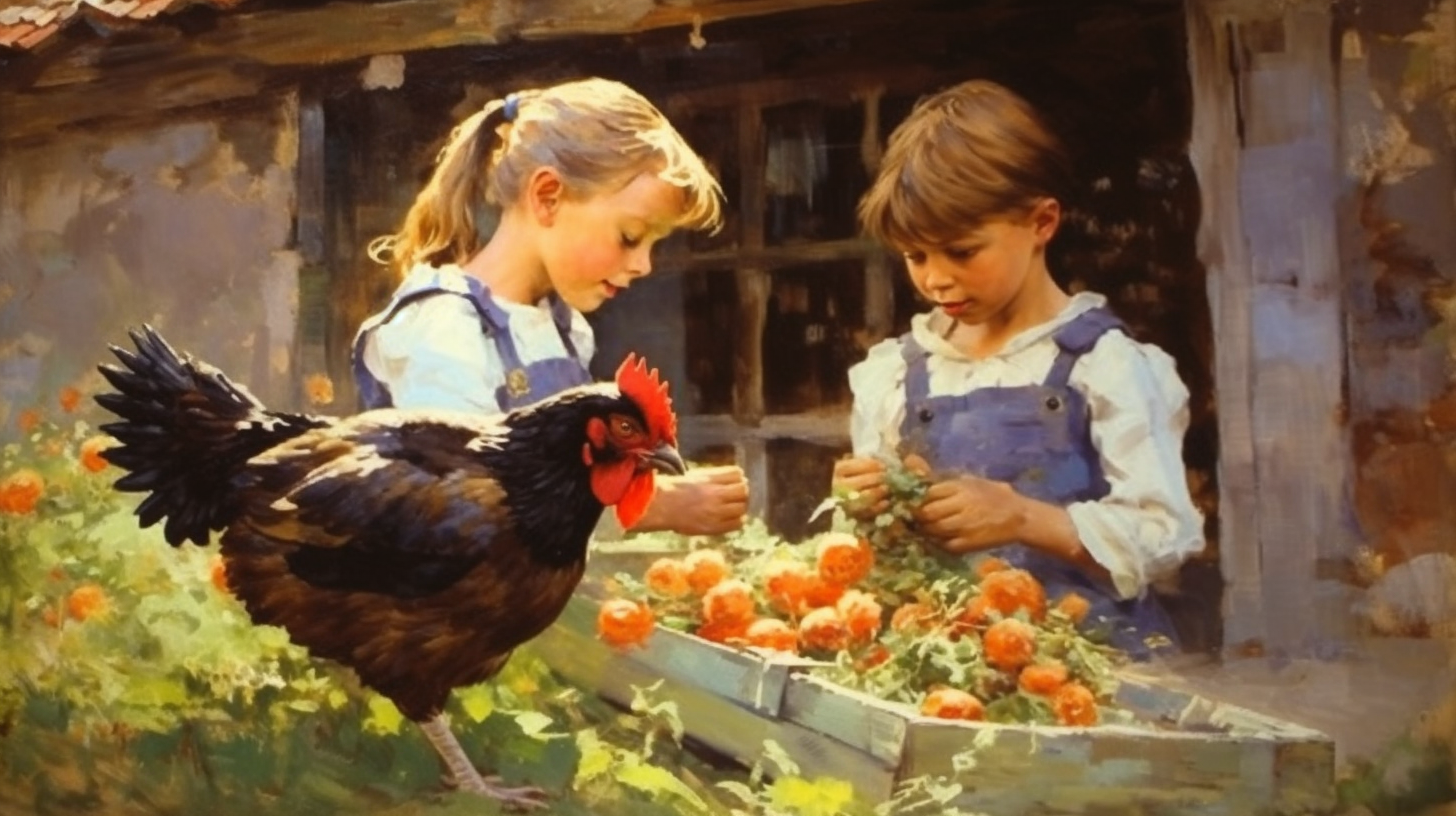 Kids feed chickens and birds