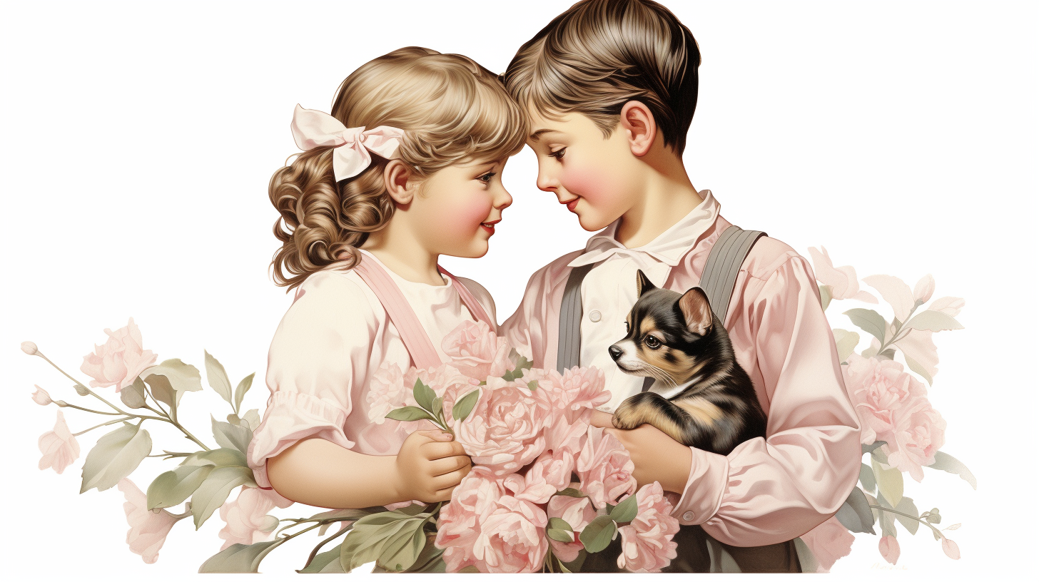 Little girl with flower and boy kissing cheek