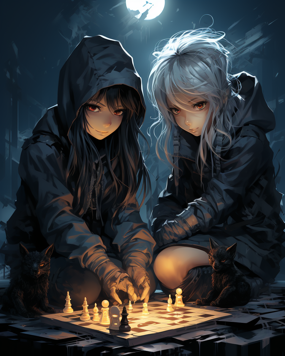 Girl and boy playing intense chess game