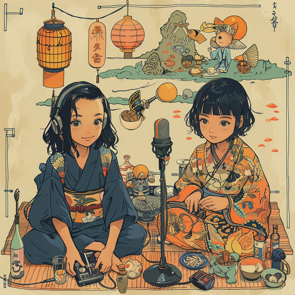 Girl and boy podcasting on tatami mat