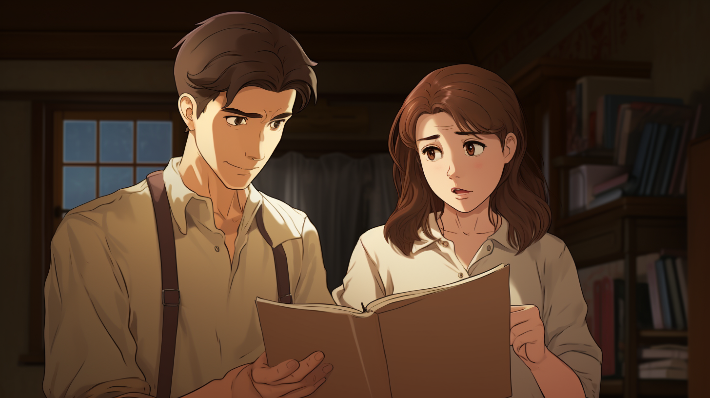 Girl and man with book in Studio Ghibli style