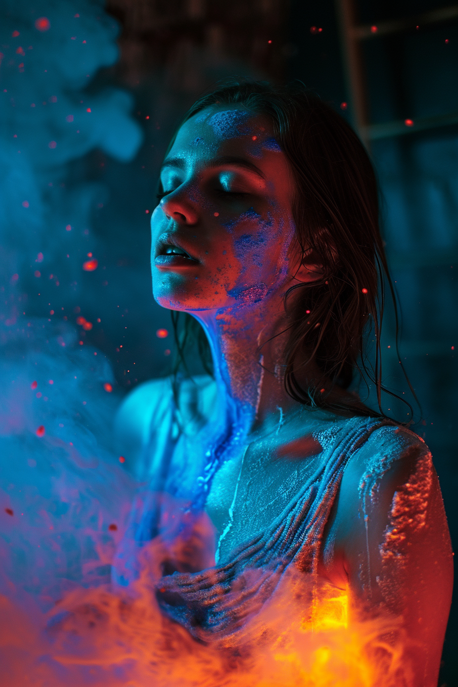 Girl in a burning house with blue sand on her chest