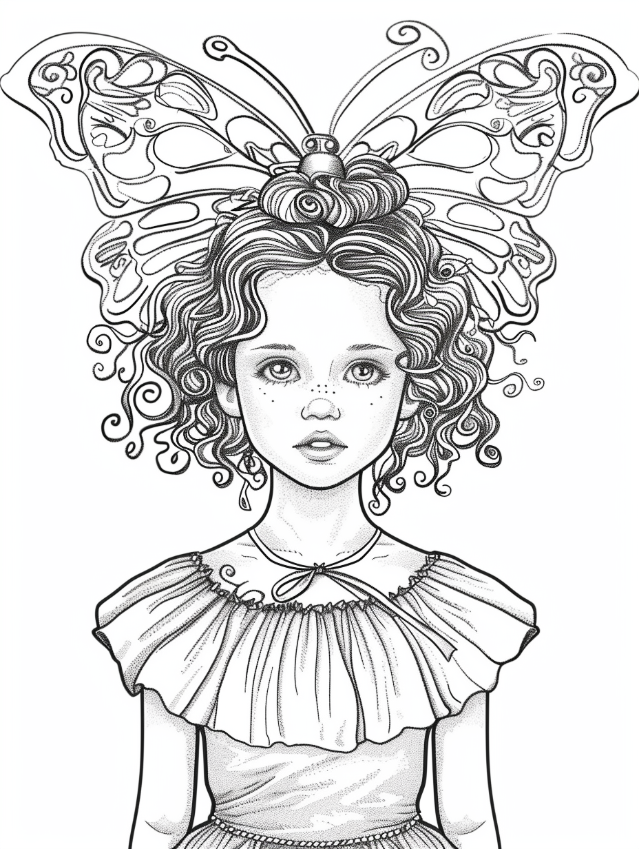 Young girl coloring page with butterfly