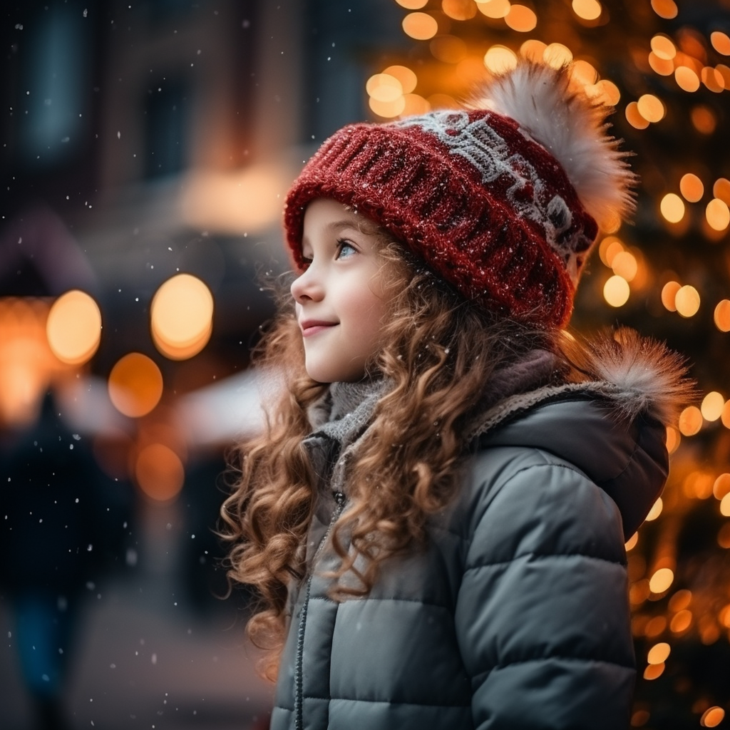 Side Profile of Girl Child by Christmas Tree