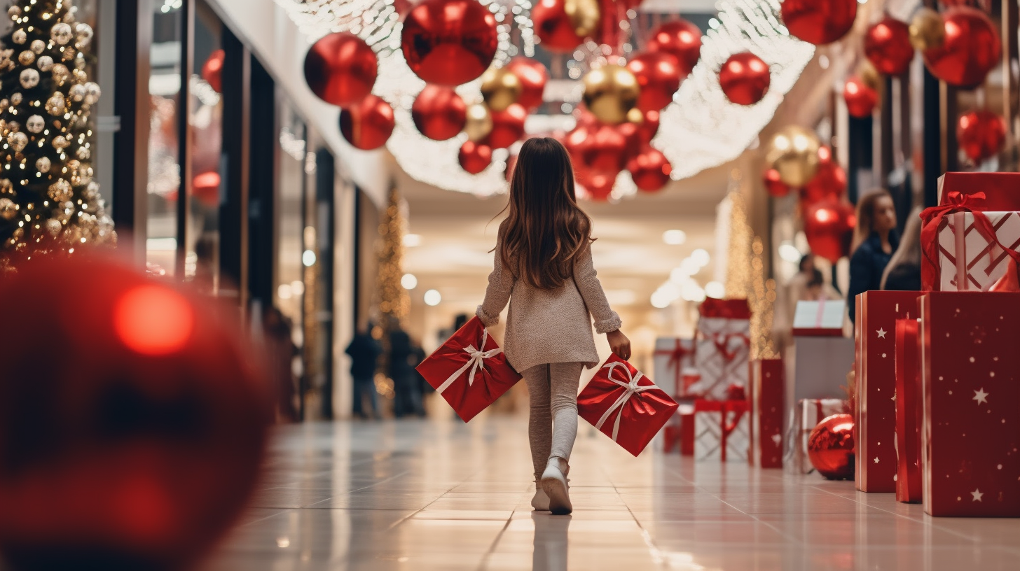 Girl chasing round gift in Christmas mall