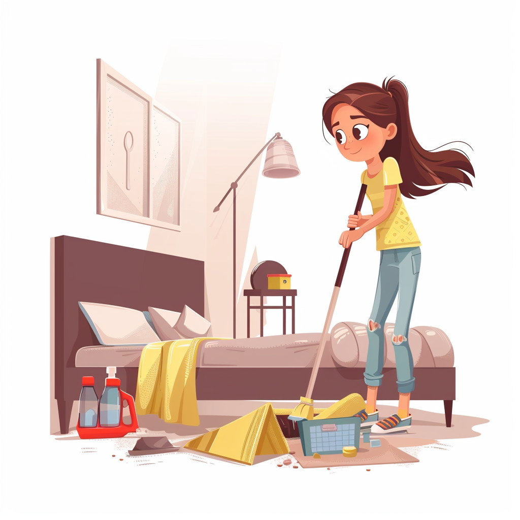 Girl cleaning room cartoon style