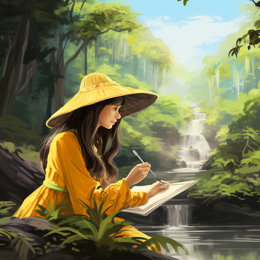 Girl in Vietnamese Ao Dai with Amazon Forest Sketch