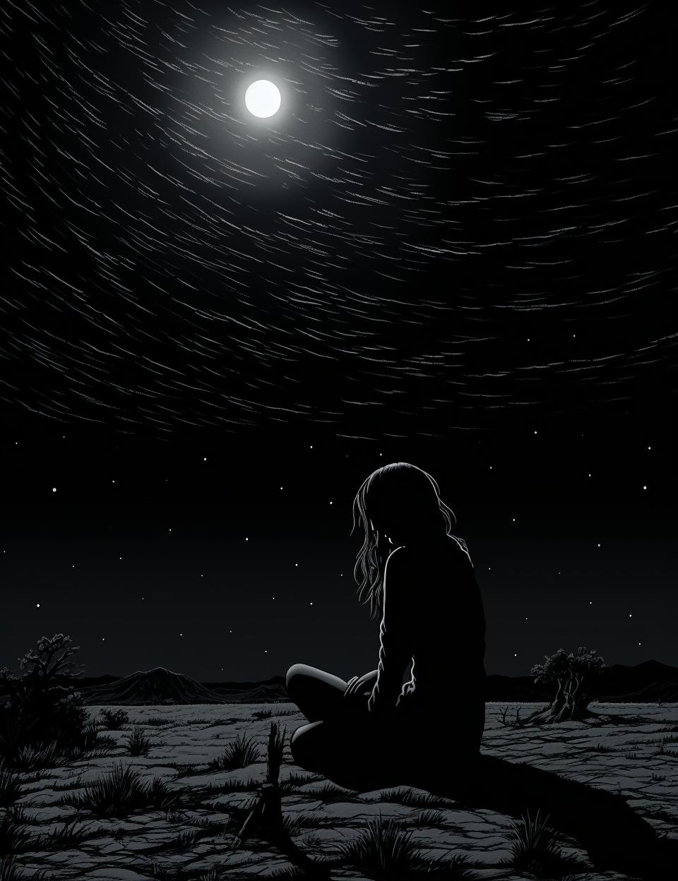 Girl crying under night sky