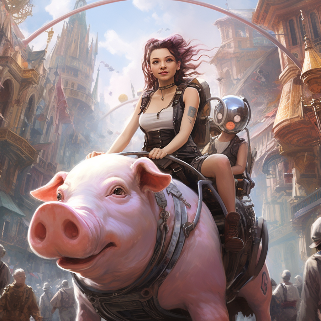 Girl riding cyborg pig in city