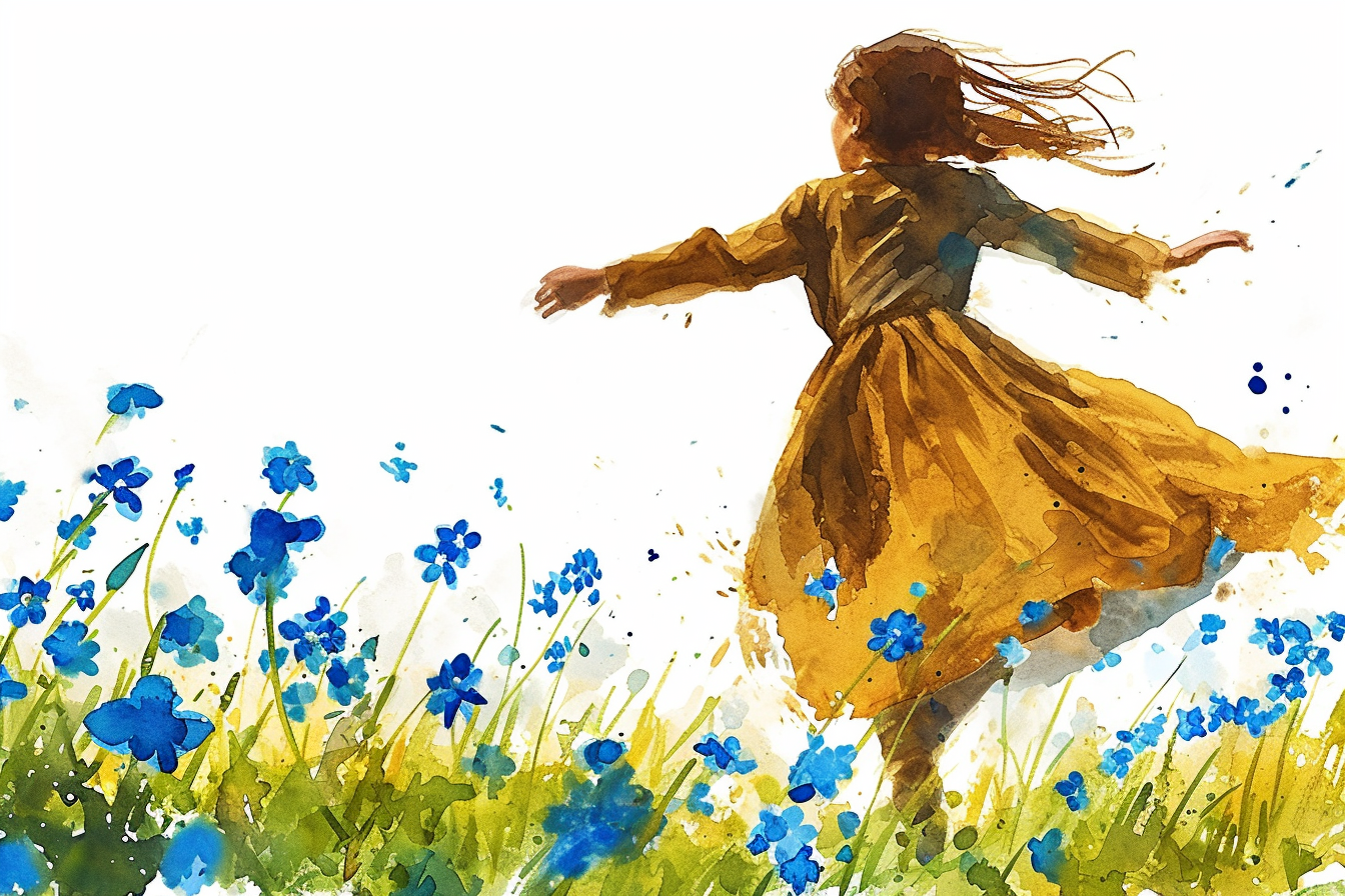 Girl Dancing in Meadow with Flowers