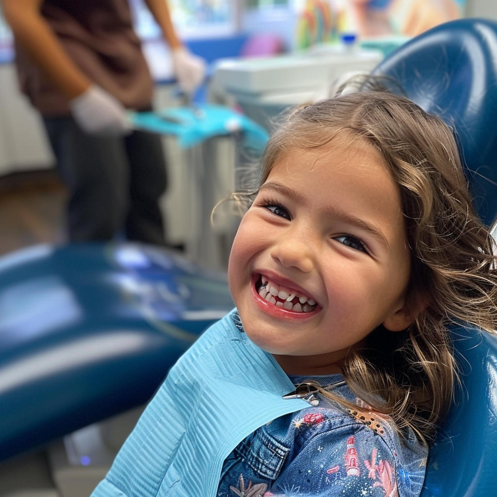 Girl at dentist laughing blue chair