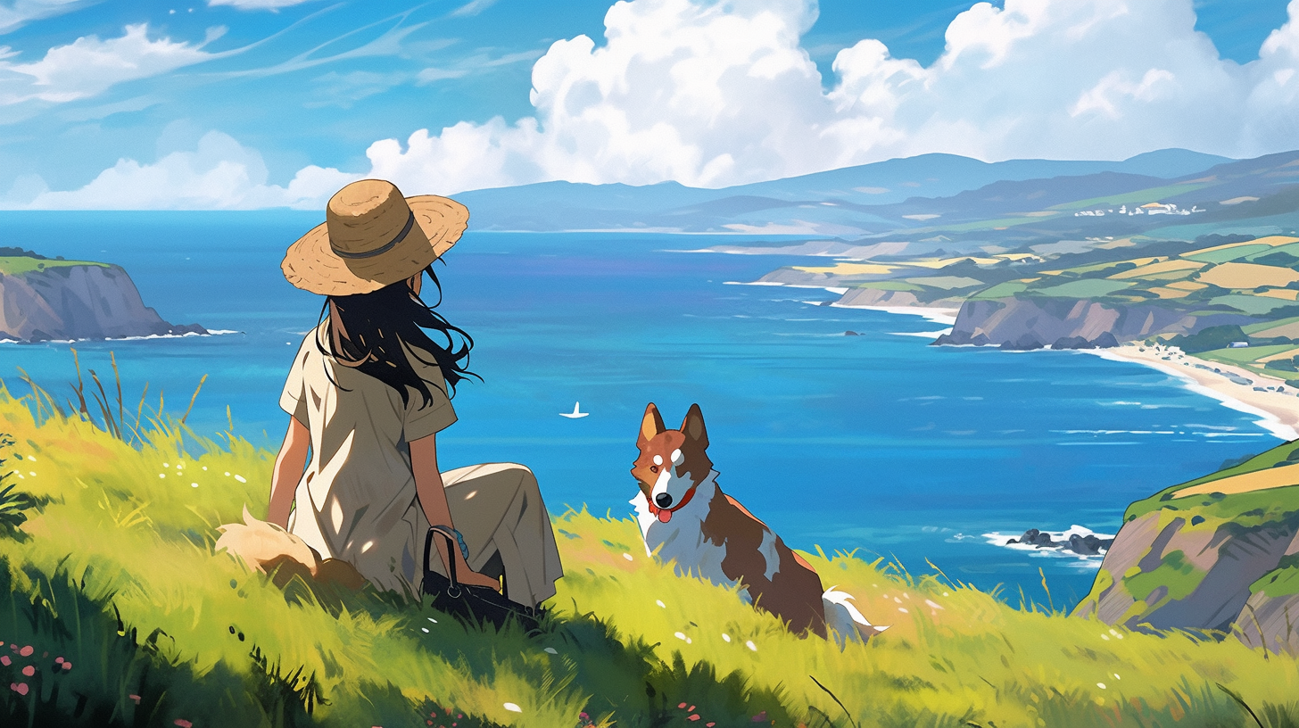 Girl and dog in field by the sea