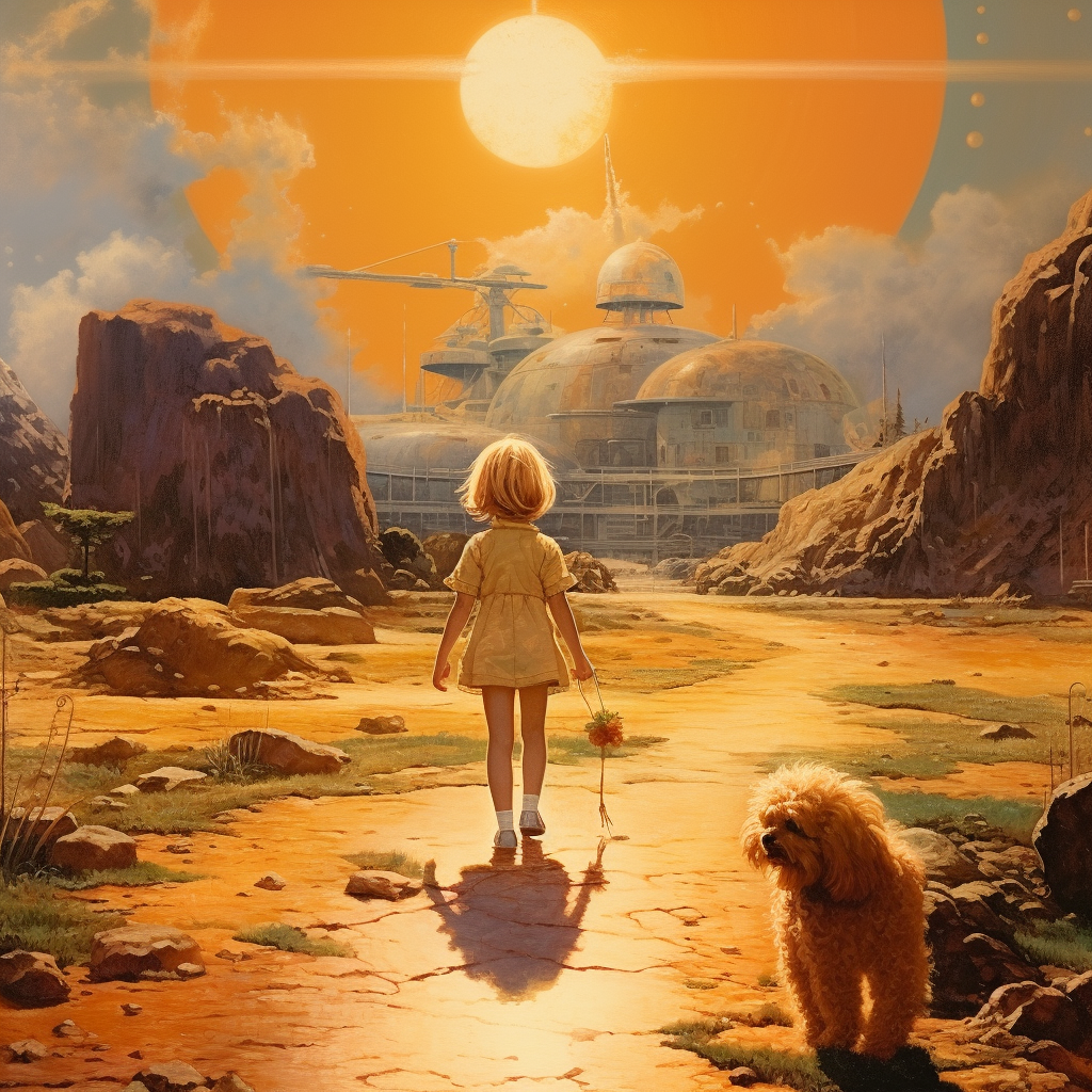 7-year-old girl and mini goldendoodle dog walking in utopia