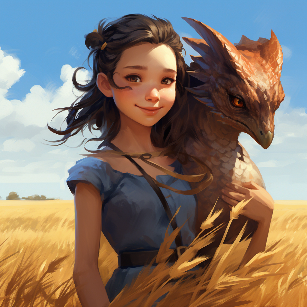 Girl with Baby Dragon on Shoulder in Open Field