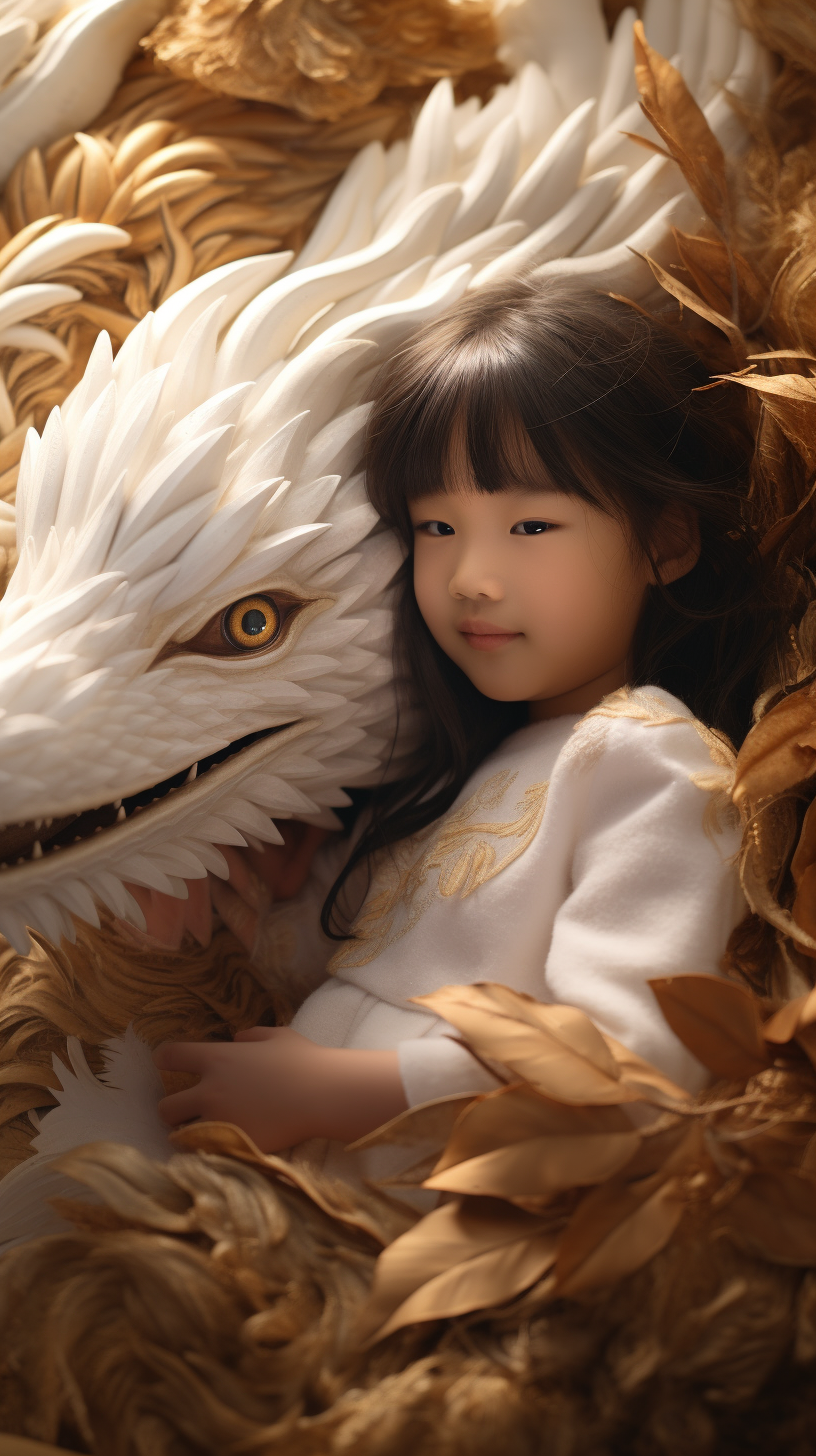 Little girl on fluffy white dragon