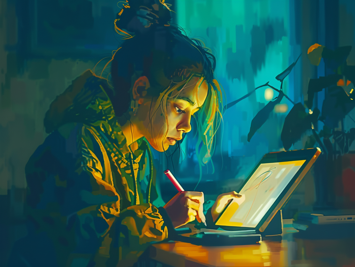 Girl Drawing on Tablet Device