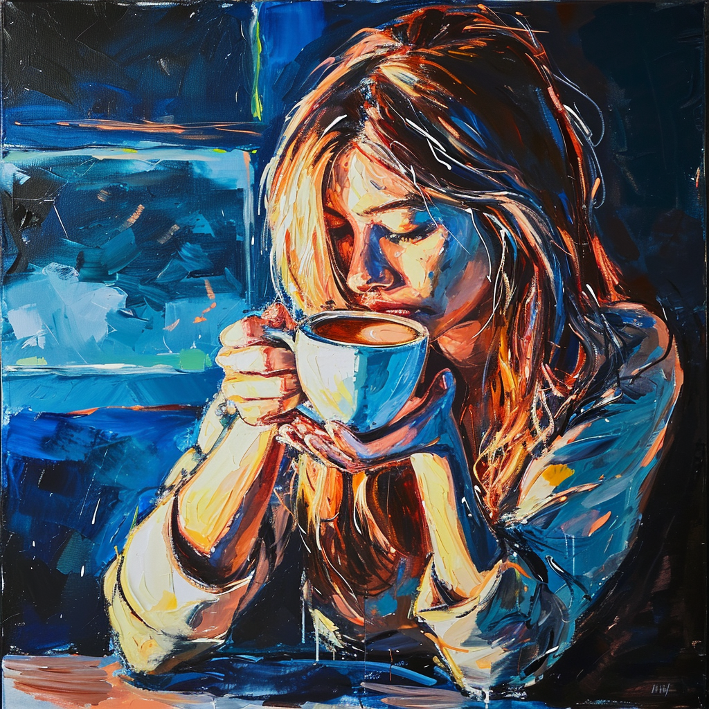 Van Gogh style girl drinking coffee