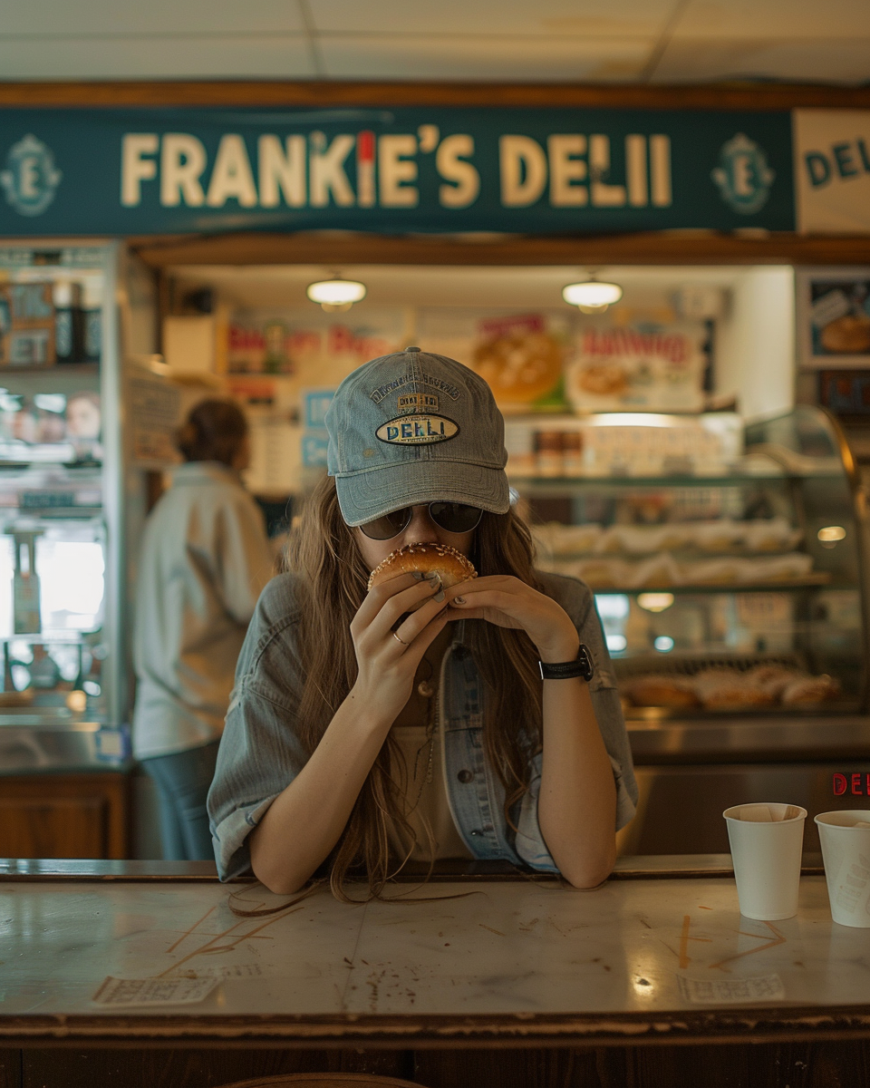 Girl eating bagel in deli