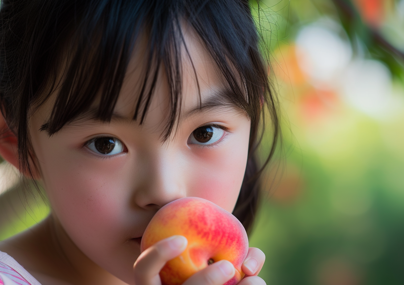 Girl eating a peach Japanese tween model