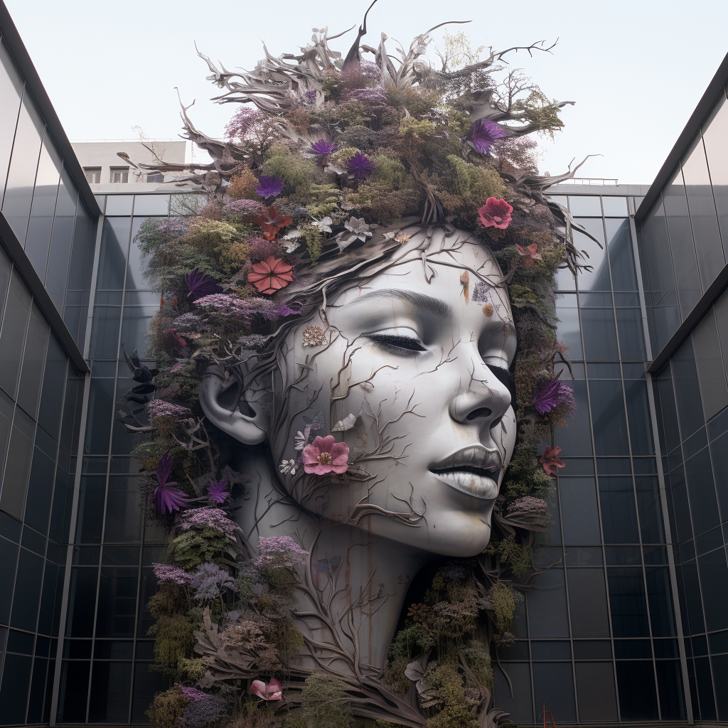 Girl face flowers reflecting on architecture