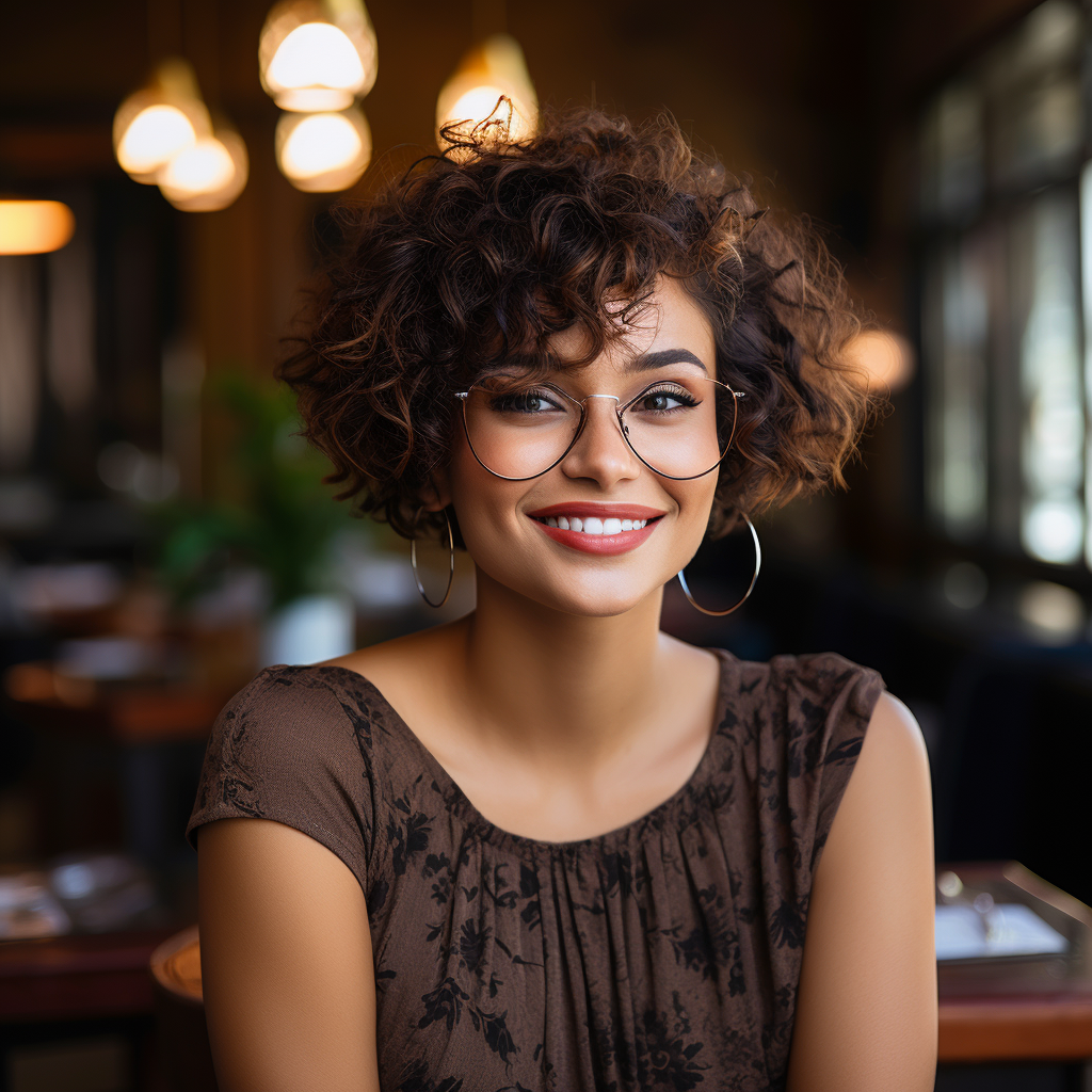 Smiling girl in a fashion cafe