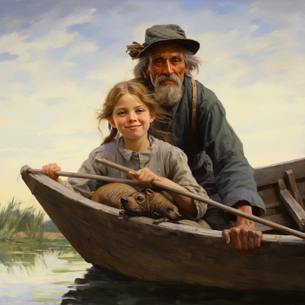 A peaceful rowboat ride with a young girl and an old fisherman