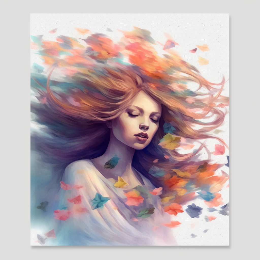 Girl with floating flowers in wind