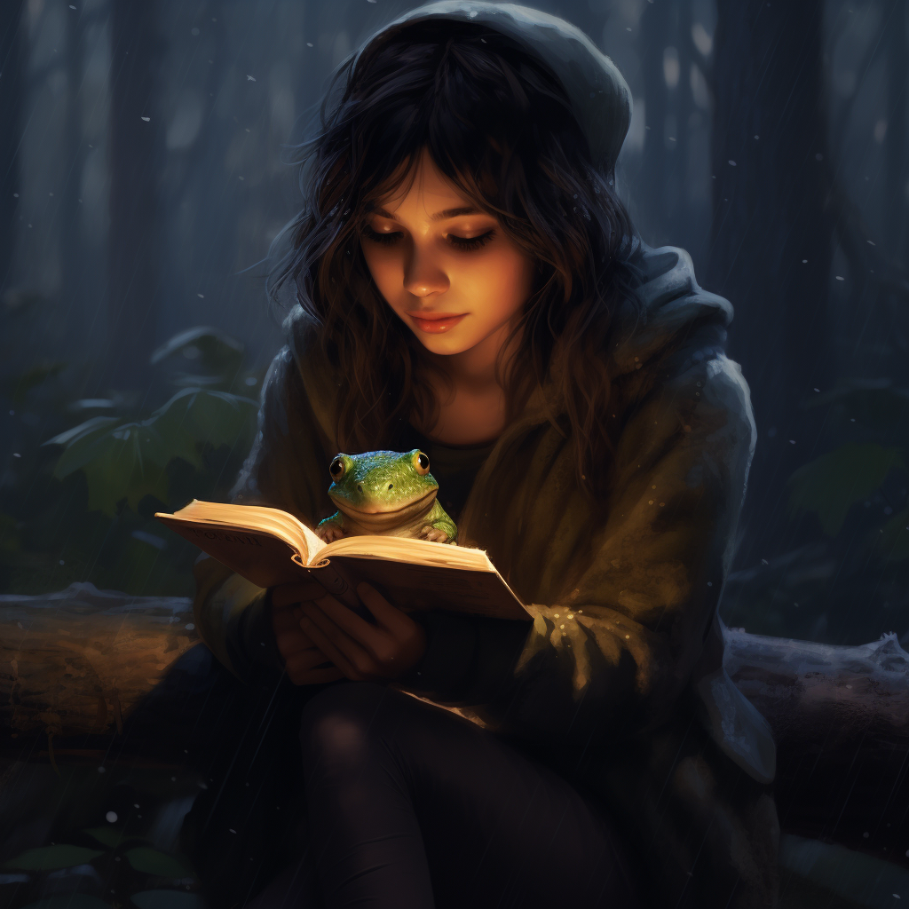 Girl holding a cute frog in a dark forest