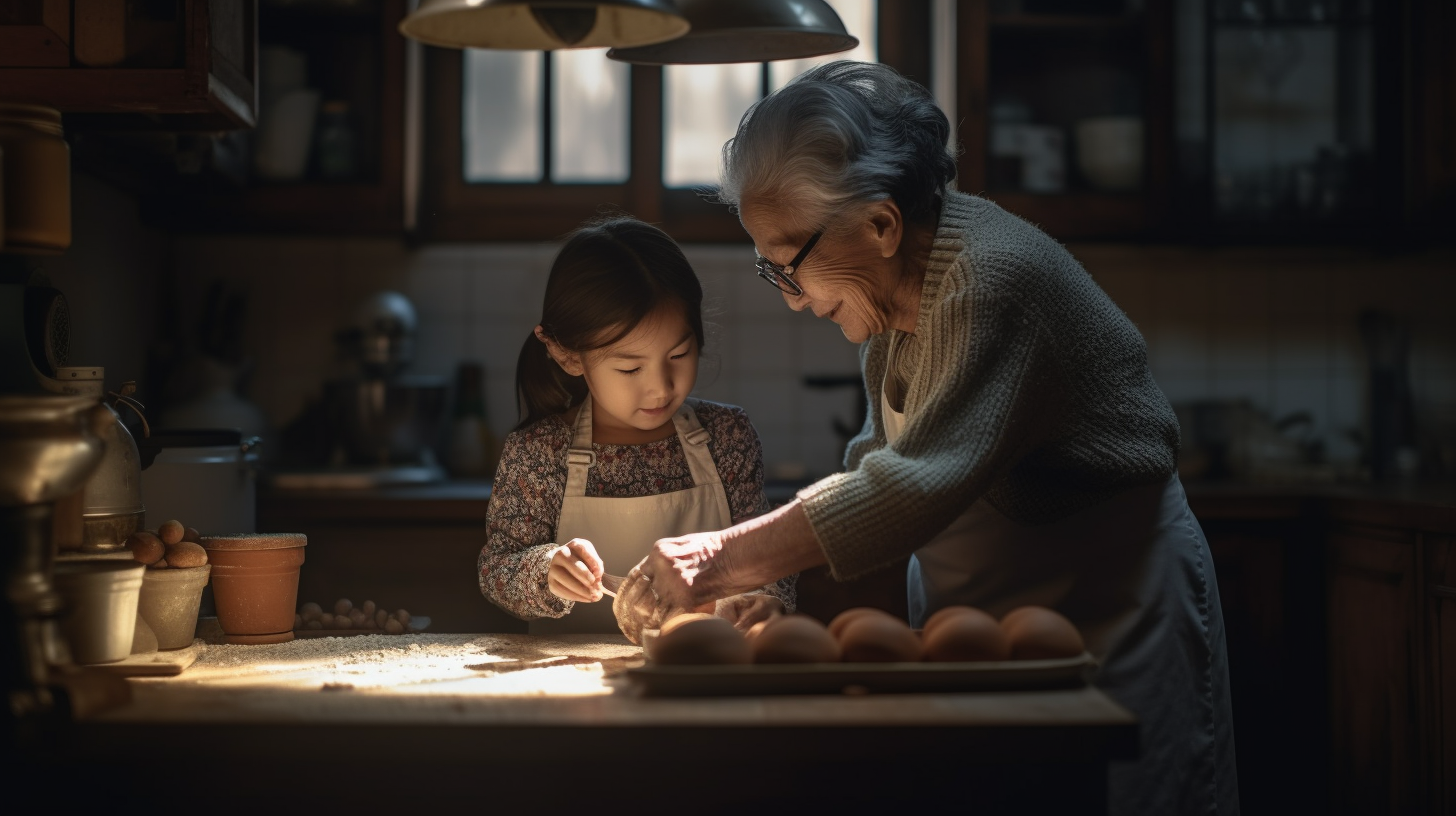 Little girl and grandmother baking with love