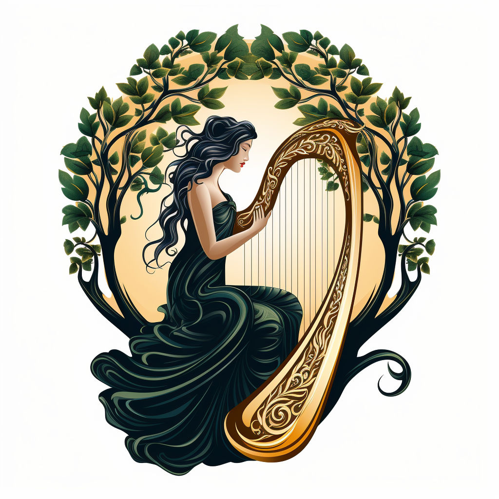 Girl playing harp in a growing tree