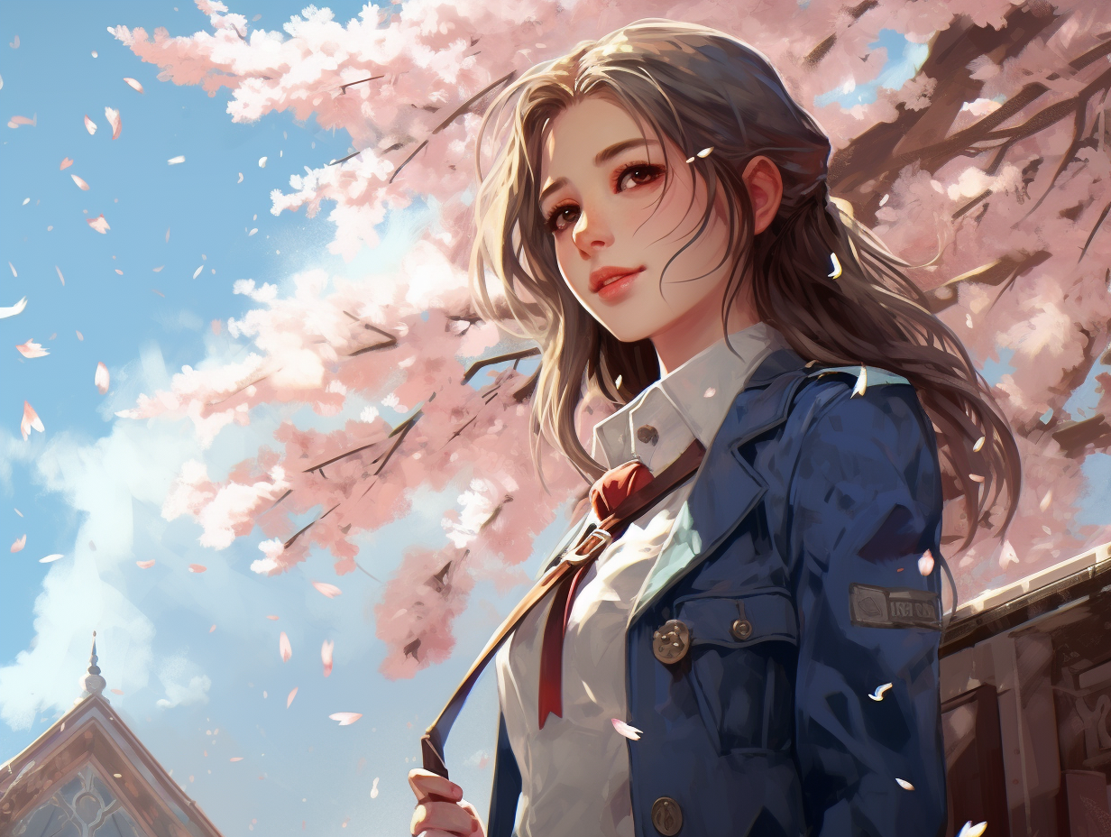 High school girl in cherry blossom wind