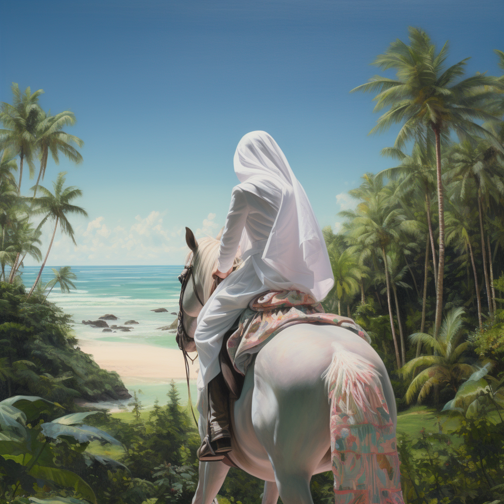 Girl in Hijab Riding White Horse in Jungle