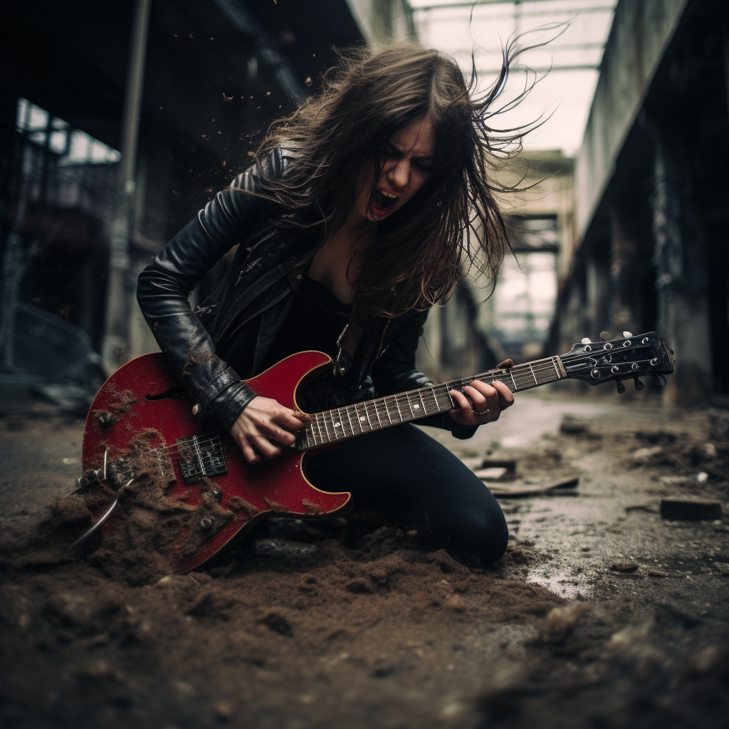 Girl hitting guitar against ground