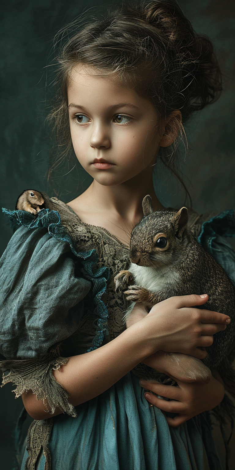 Young girl holding a small squirrel with love