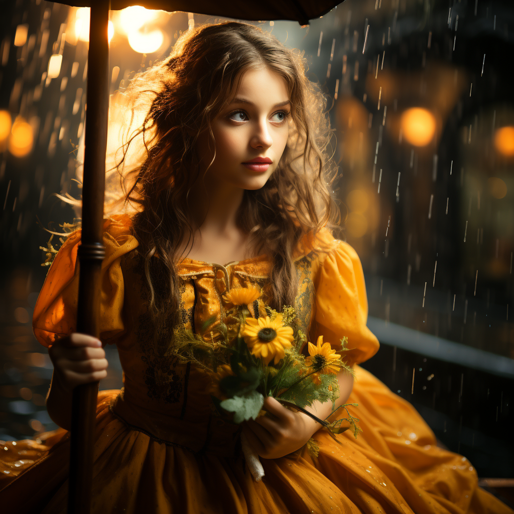 Girl holding colorful umbrella in rainstorm