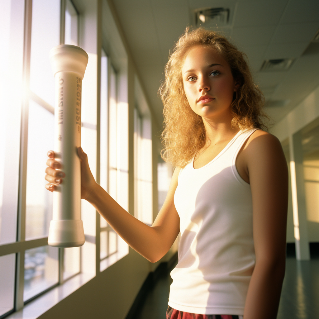 Young girl holding effervescent tablet tube in fitness studio