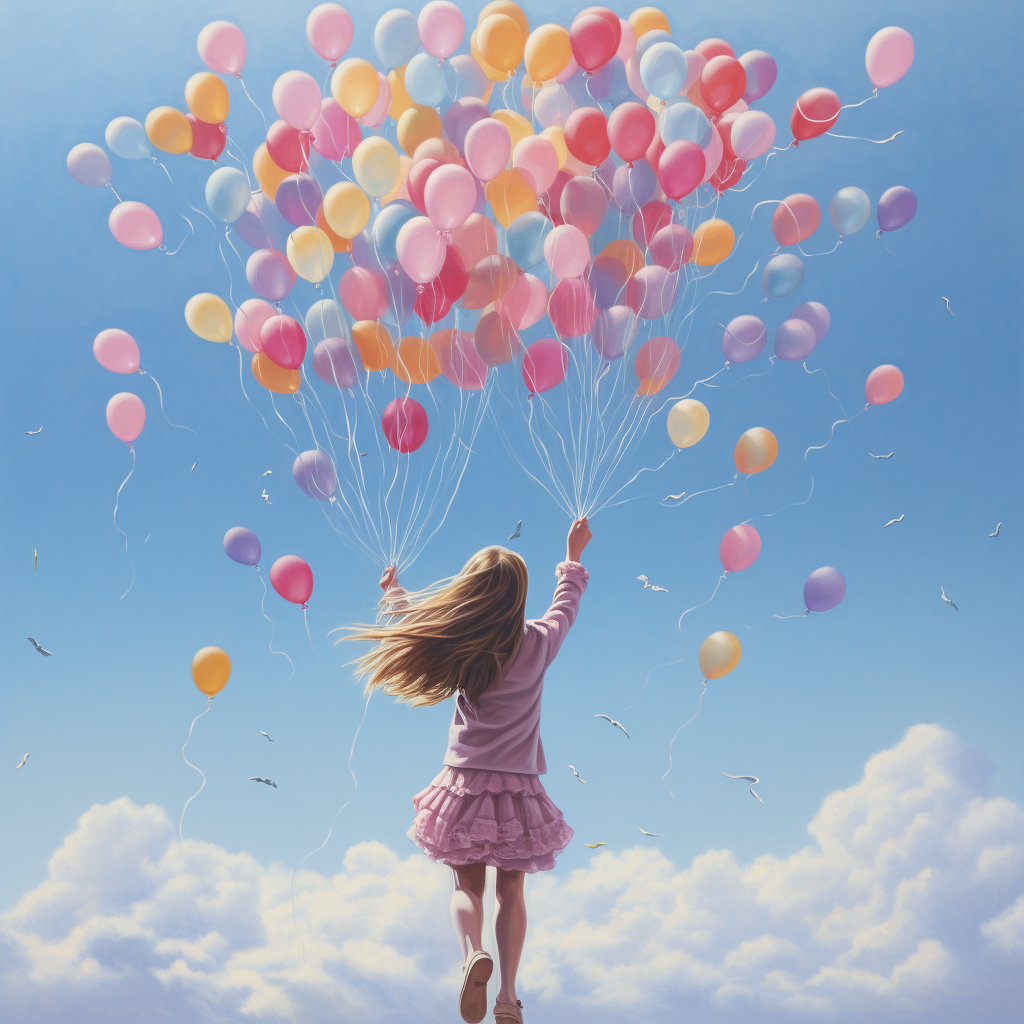 Young girl with balloon-like flower petals in sky