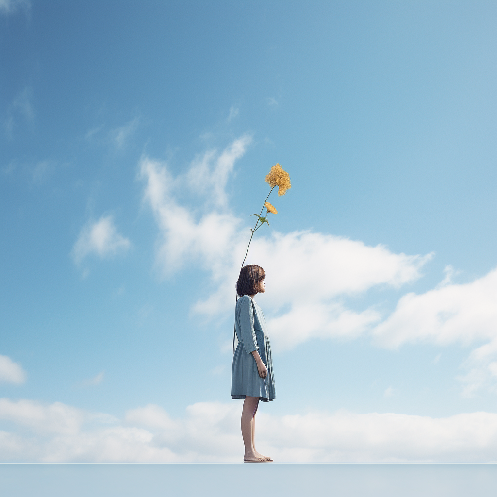 Young girl holding flower against blue sky