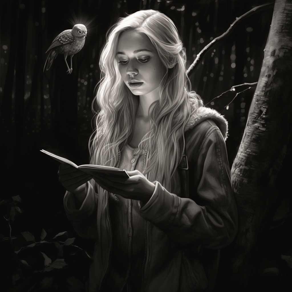 Young girl with frog and book in dark forest