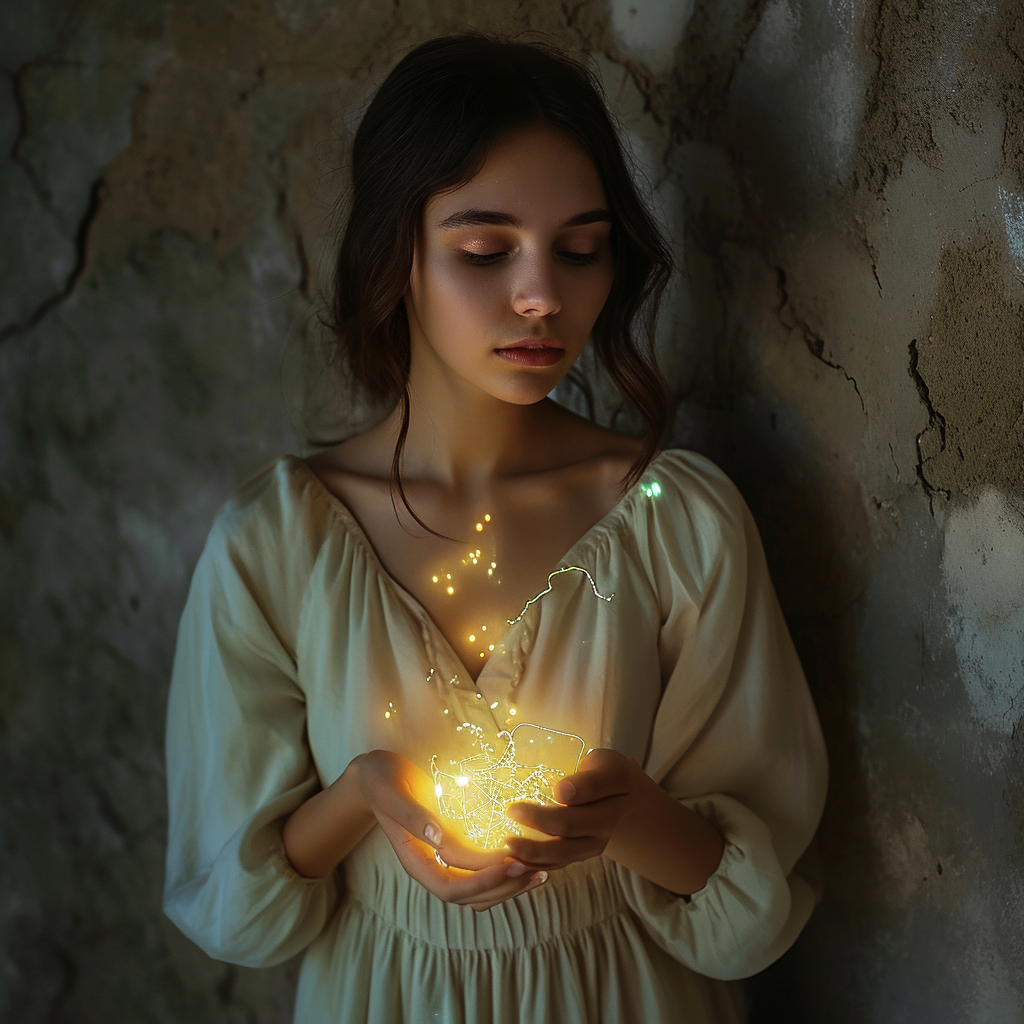 Girl holding luminous energy in light-colored clothes