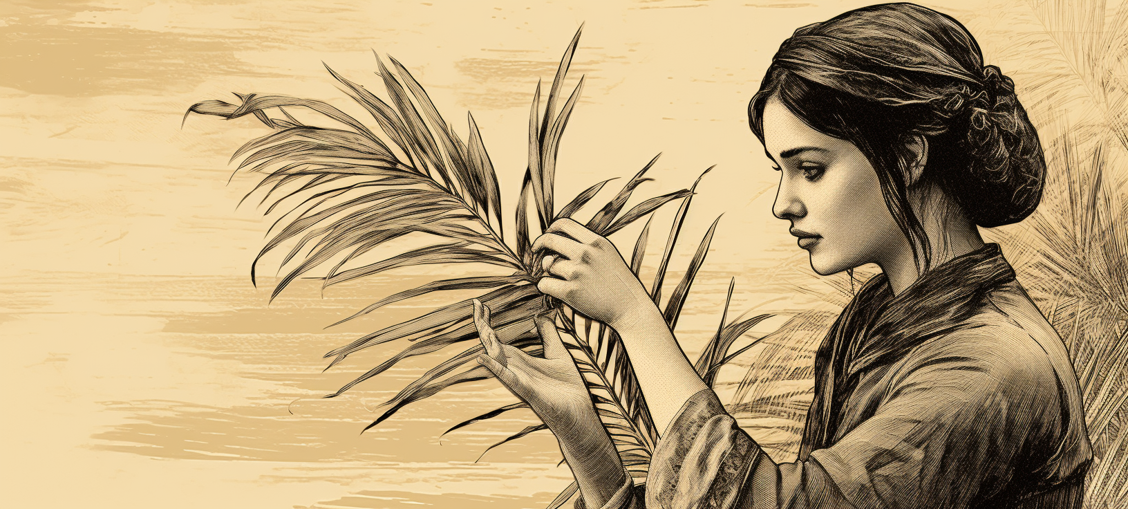 Girl holding palm fronds gracefully