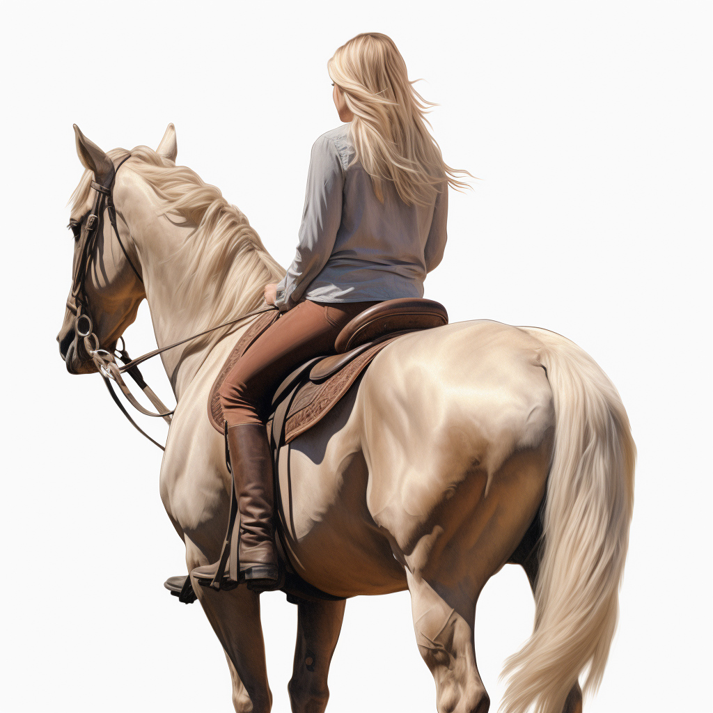 Realistic girl on horse standing from behind