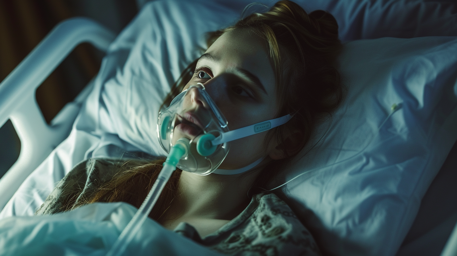 Girl in Hospital Bed with Oxygen Mask