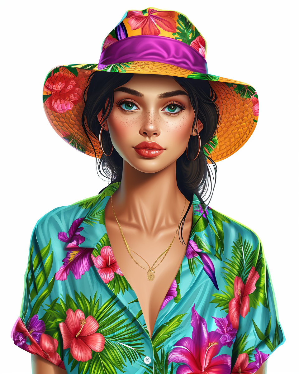 Girl hostess in Hawaii shirt with Mexican pattern wearing a bright bucket hat