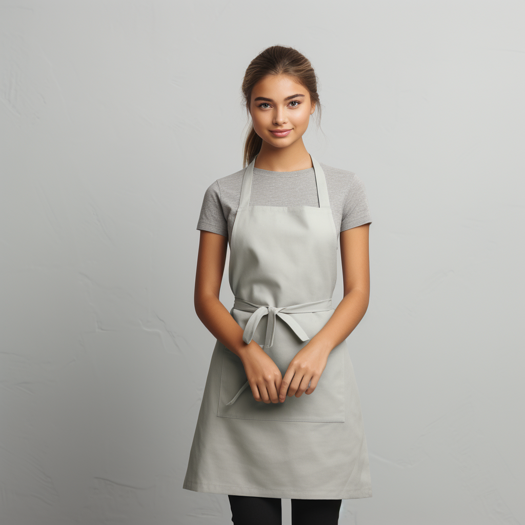 Stylish girl in apron on plain grey background