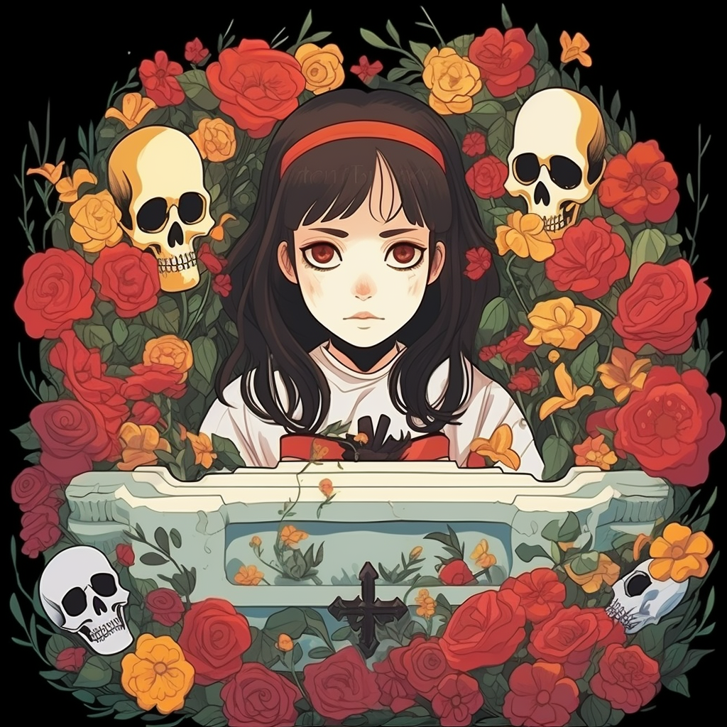 Ghibli-inspired art of girl in coffin with flowers and skulls