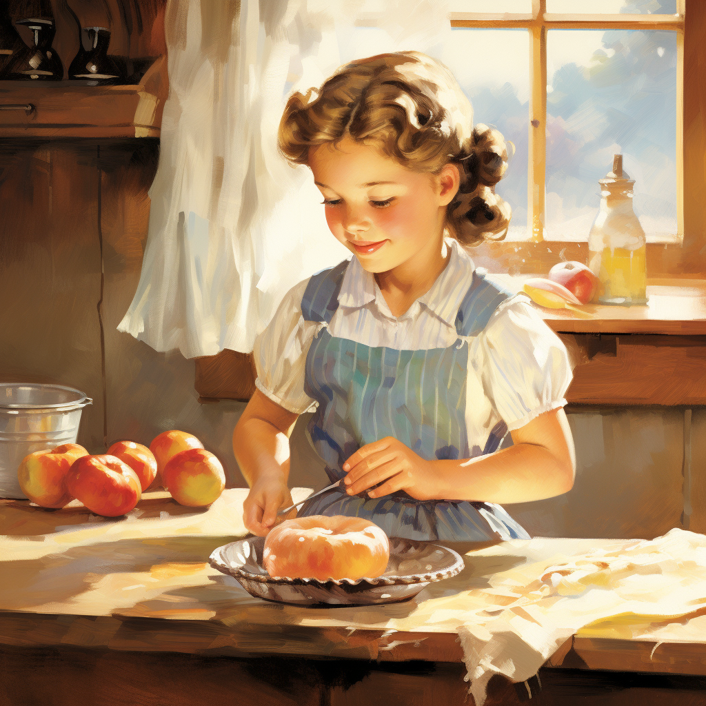 Little girl peeling apples in kitchen